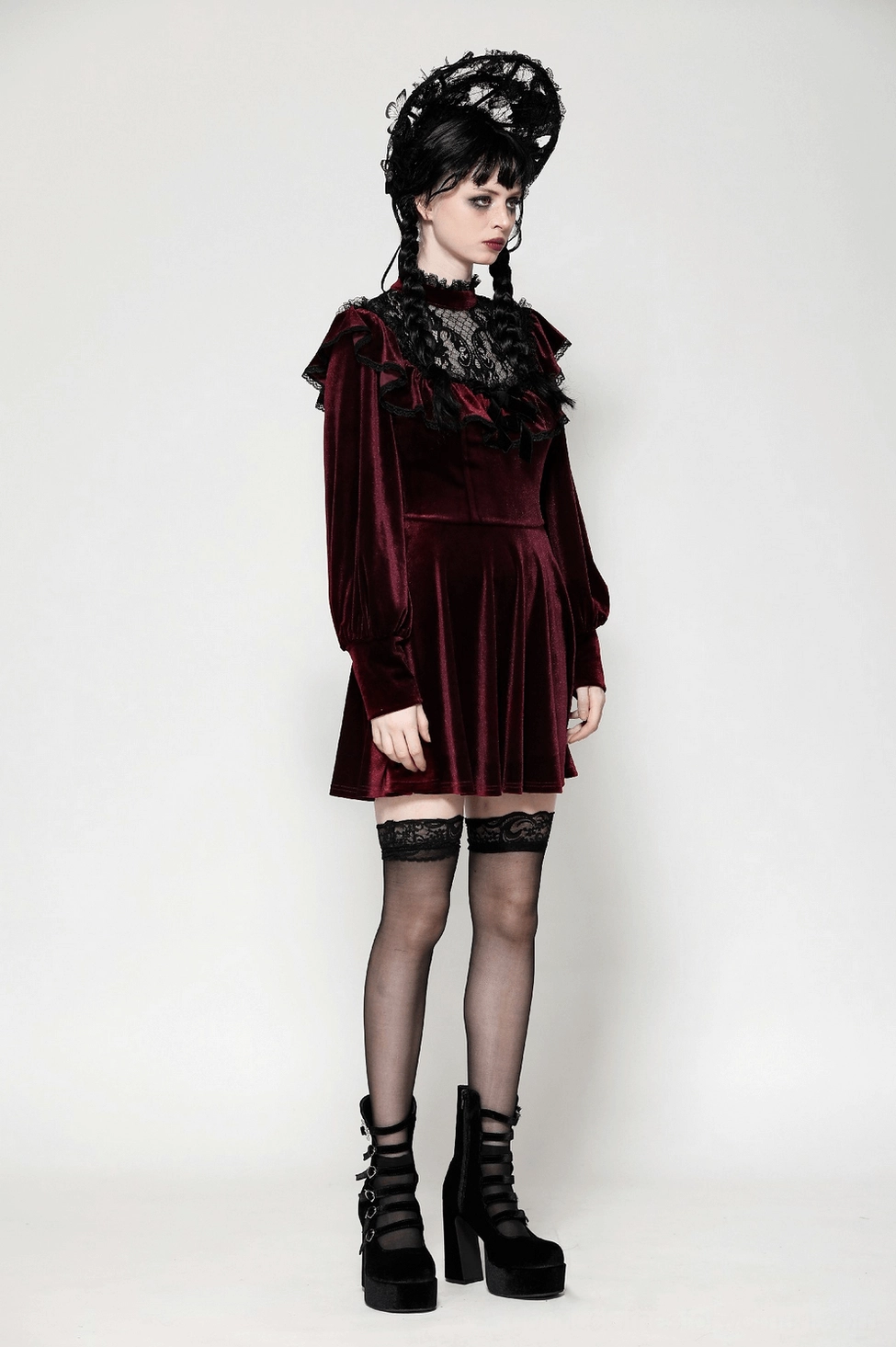 Burgundy velvet gothic mini dress form-fitting silhouette with dramatic back lace cutout