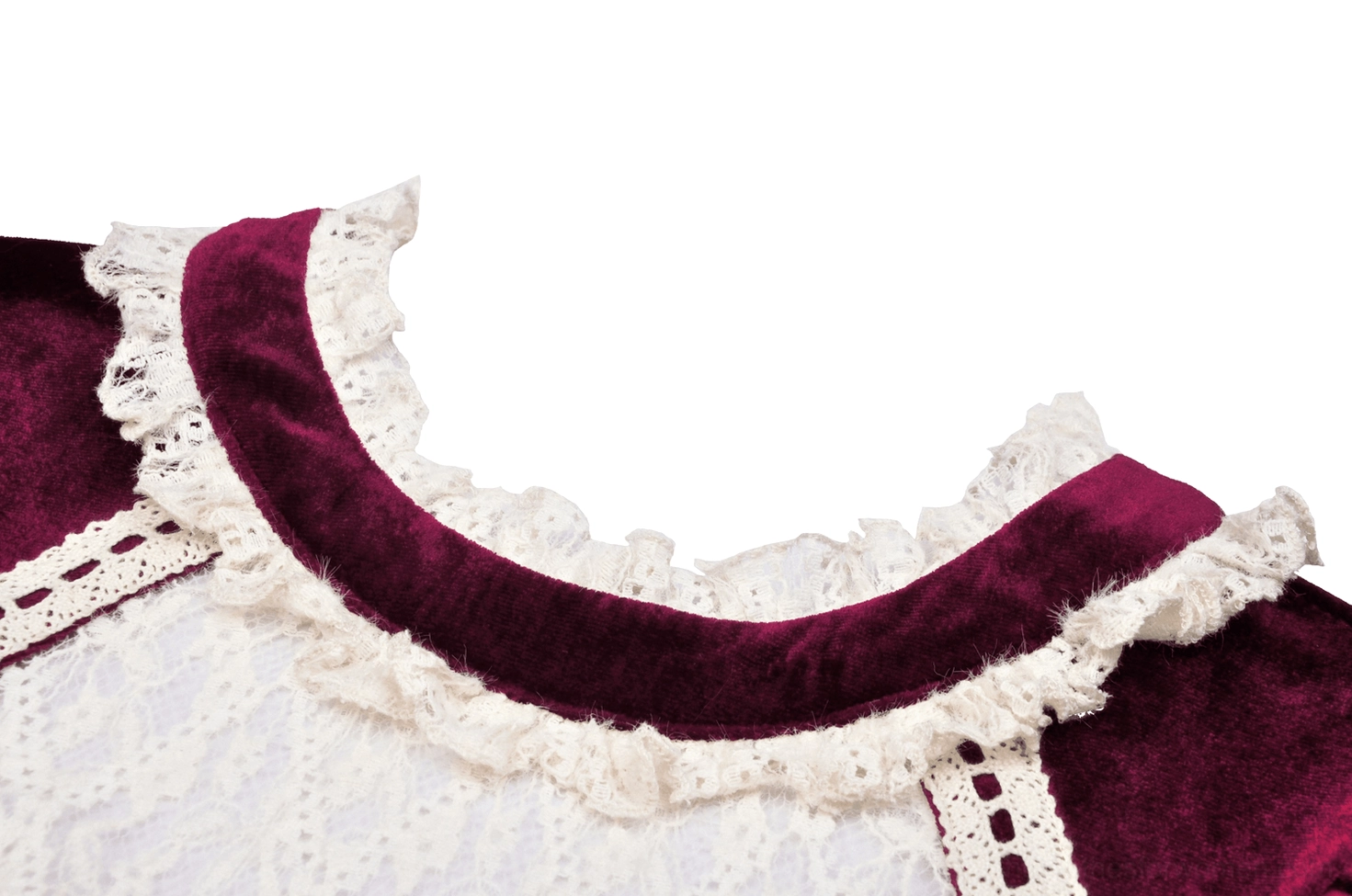 Side view close-up of burgundy velvet dress lace collar showing ruffled edge and velvet trim construction