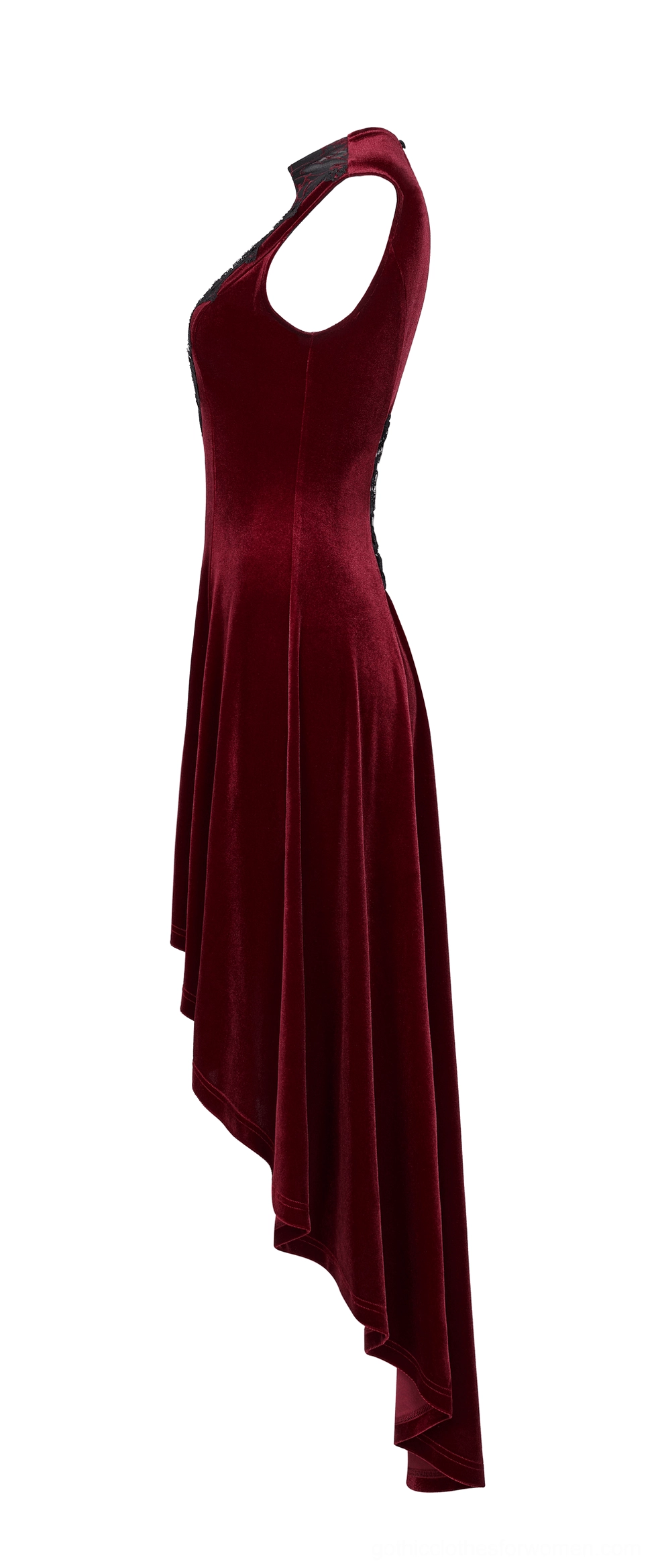 Side profile of burgundy velvet gothic dress displaying asymmetrical hem drape and sleeveless silhouette