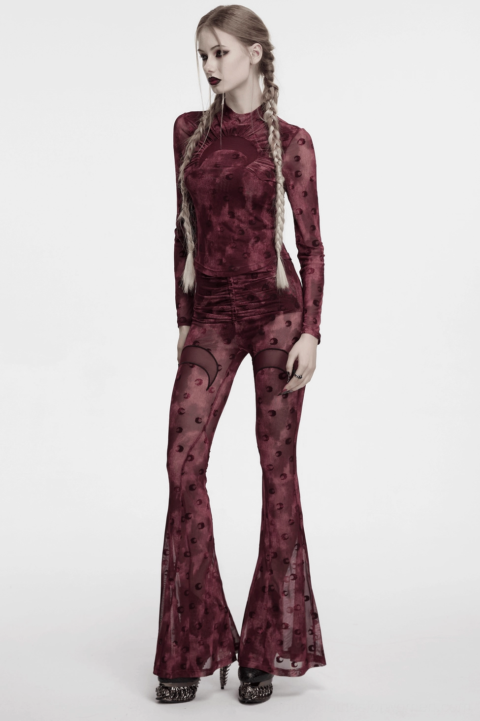 Burgundy gothic flare pants with sheer moon printed mesh panels