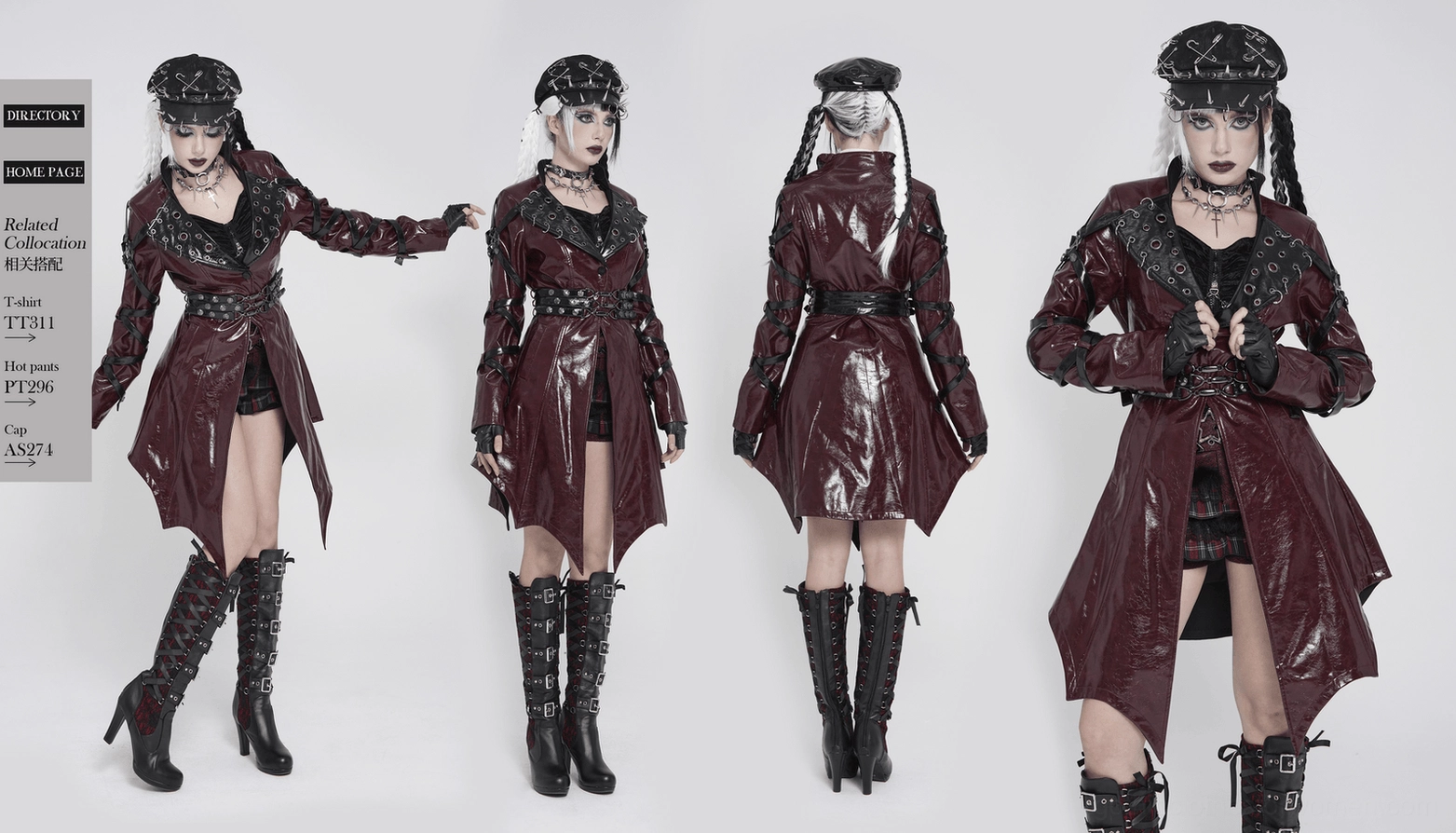 Full-body model pose in burgundy gothic patent leather harness coat featuring all design elements in natural studio setting
