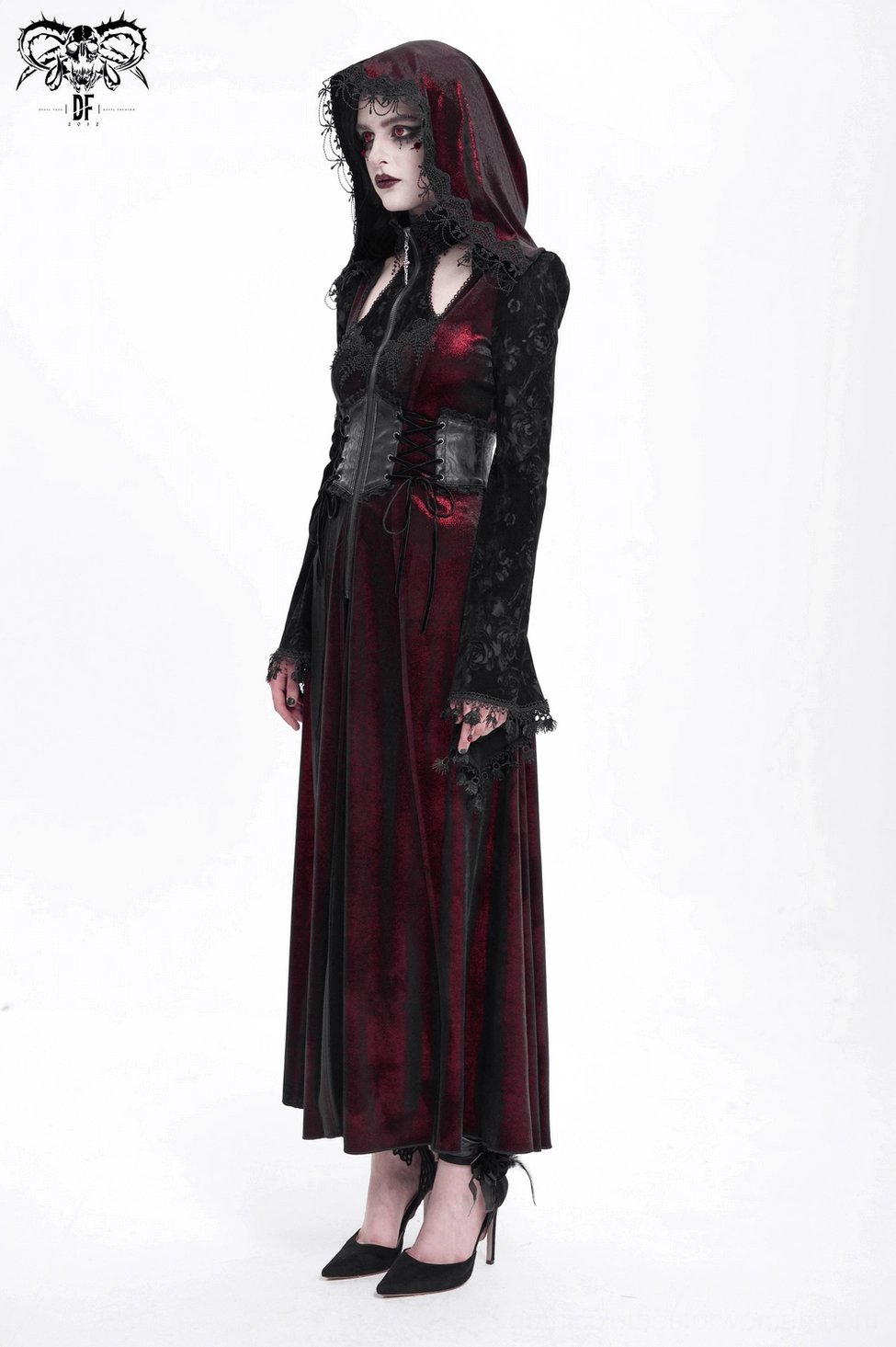 Burgundy gothic hooded maxi coat with black lace sleeves and front zipper closure, alternative fashion display view