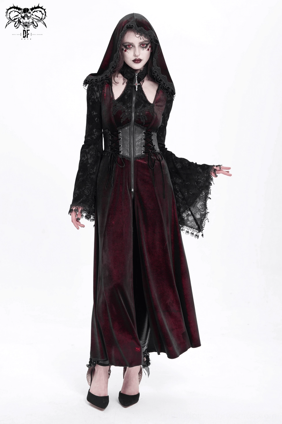 Burgundy gothic hooded coat with black lace sleeves and theatrical corset design, front-facing view on mannequin