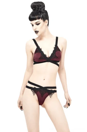 Burgundy gothic lace bikini set with crisscross elastic straps - front full-body view on model against white studio background