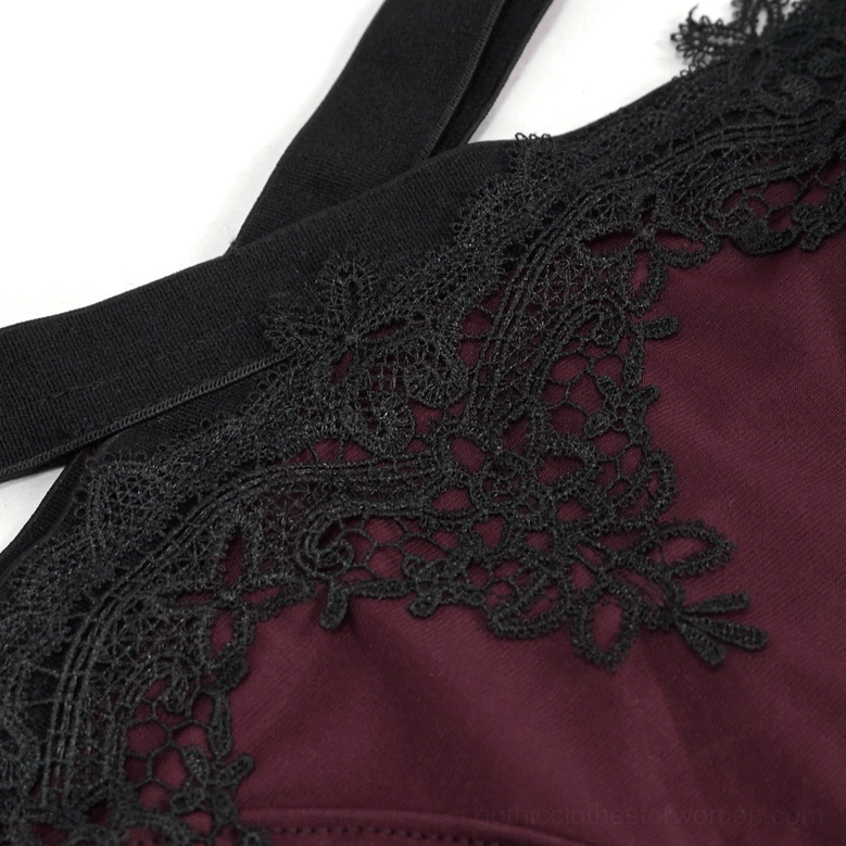 Burgundy gothic lace bikini set complete product detail shot showcasing lace appliqué workmanship