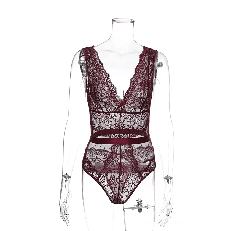Burgundy floral lace bodysuit jumpsuit on clear mannequin display, front view with satin waist band detail