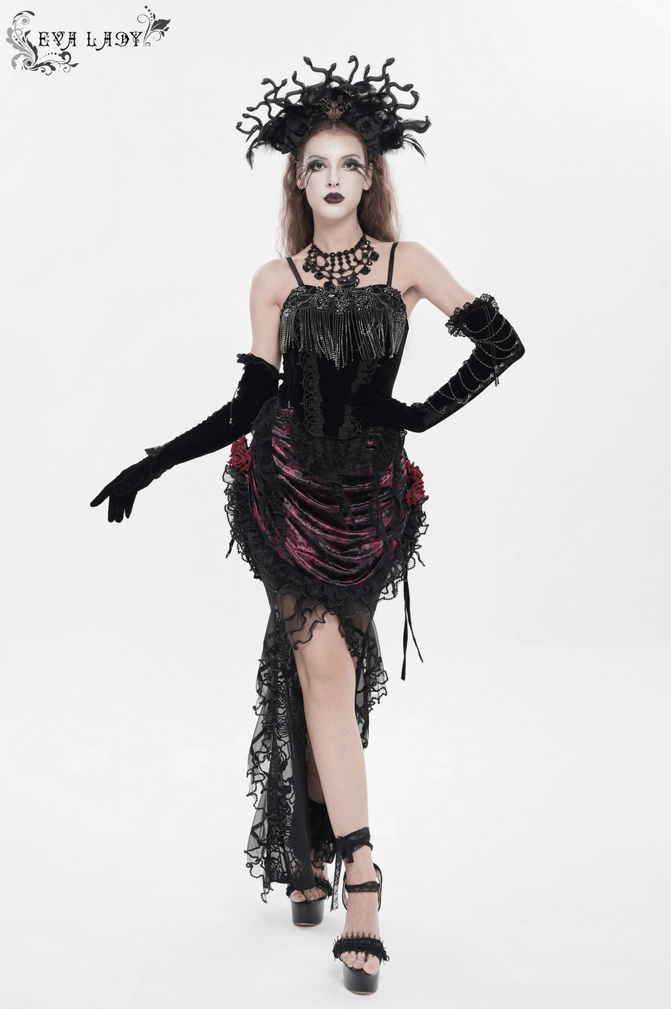Burgundy gothic lace mermaid skirt with dramatic ruffled layers and romantic styling presentation