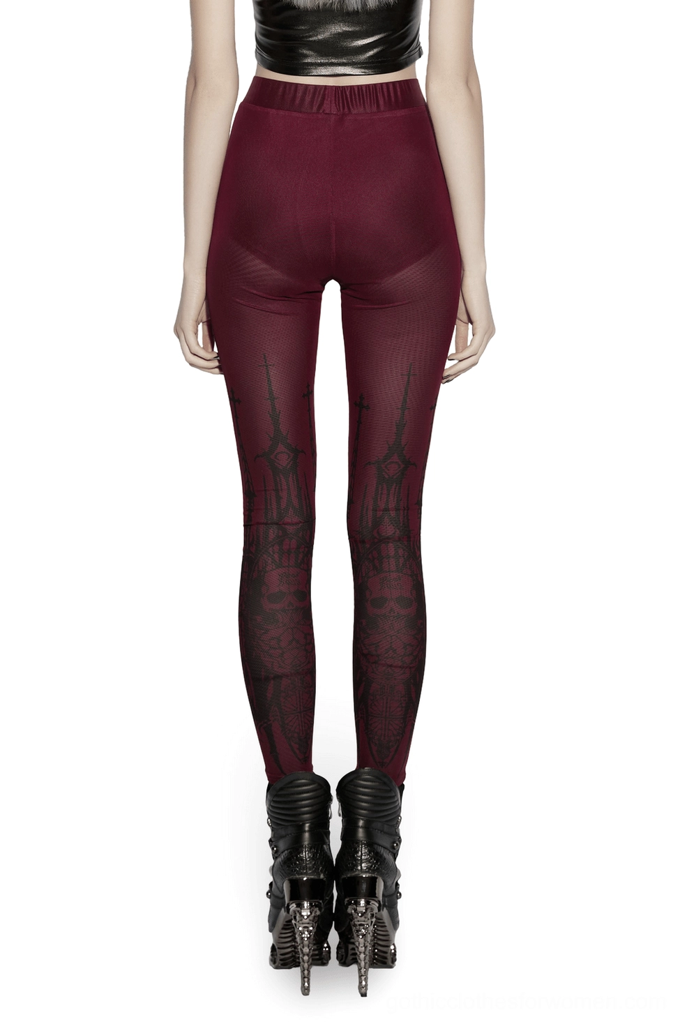 burgundy gothic mesh leggings back view sheer fabric ecclesiastical design