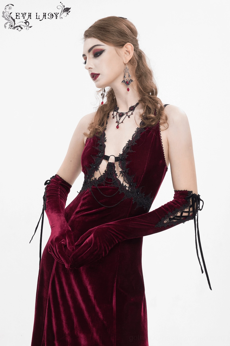 Burgundy velvet goth dress with halter straps and lace details, styled with black accessories for dark aesthetic
