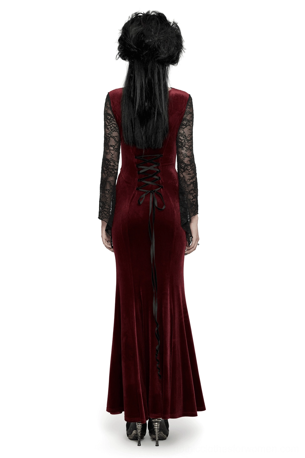 Back full-body view of burgundy velvet gothic mermaid dress showing lace-up corset back and flared lace sleeves