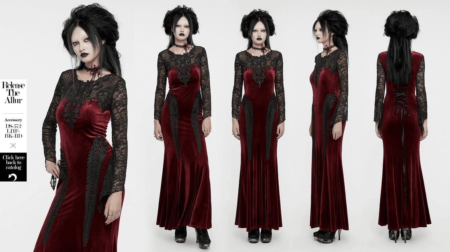 Additional detail view of burgundy velvet gothic mermaid dress showing lace and velvet fabric composition