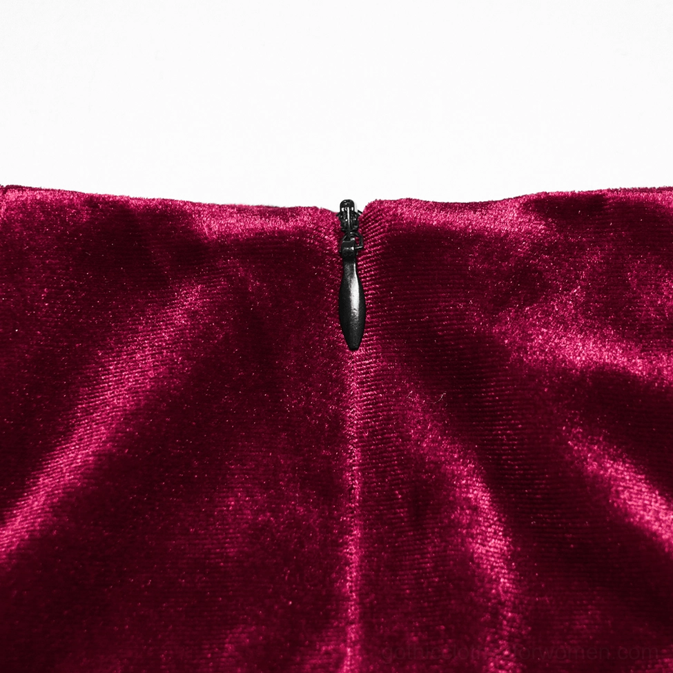 Black metal zipper with neat velvet stitching detail on back of burgundy gothic mermaid skirt