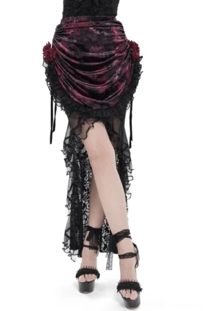 Burgundy gothic velvet mermaid skirt with lace corset waist and rose accents, front view on female model