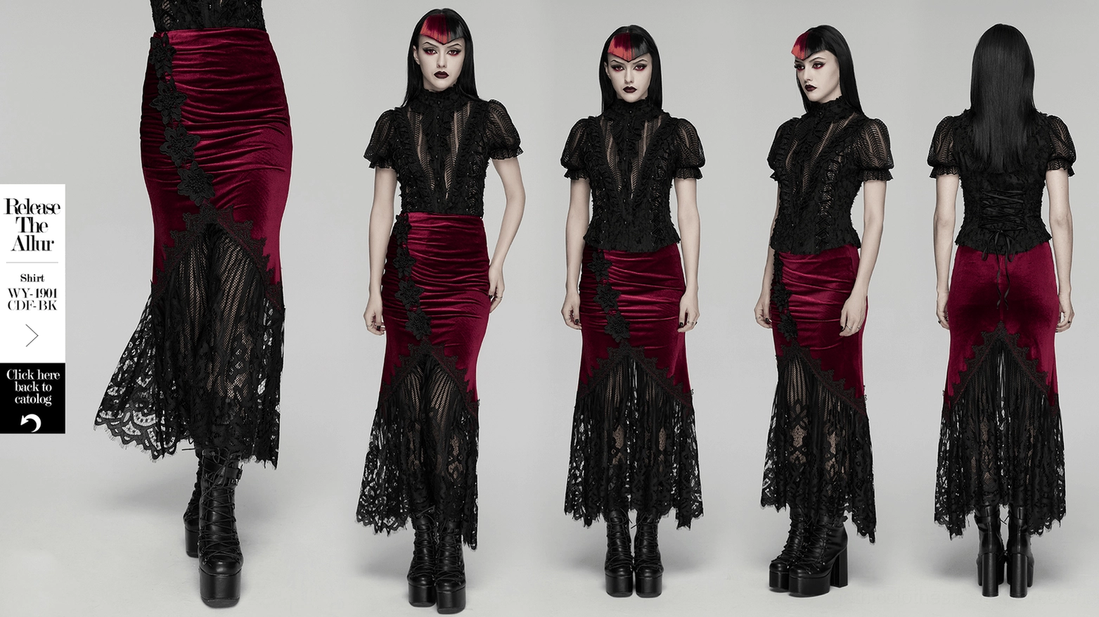 Burgundy gothic mermaid skirt displaying full fishtail silhouette and dimensional lace appliqué pattern