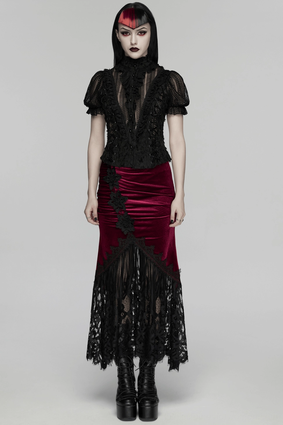 Full front view of burgundy velvet gothic mermaid skirt with black lace appliqués and theatrical silhouette