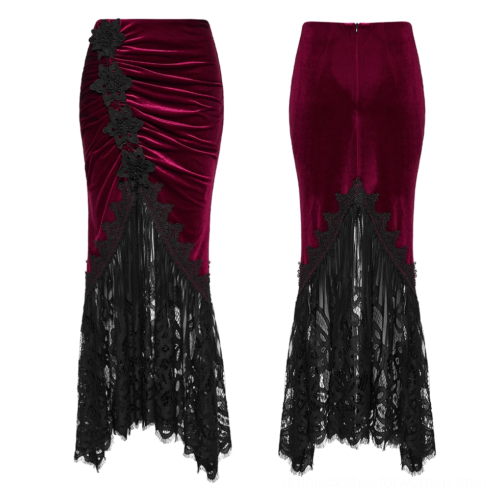 Burgundy velvet gothic mermaid skirt right side flat lay showing ruched floral lace appliqué and irregular lace hem