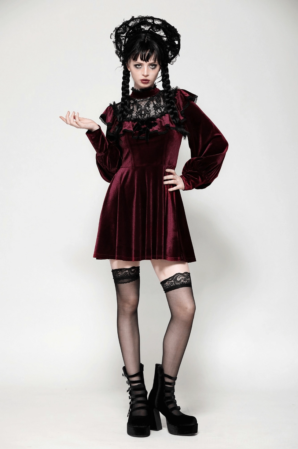 Burgundy velvet gothic mini dress with black lace - alternative fashion styling inspiration