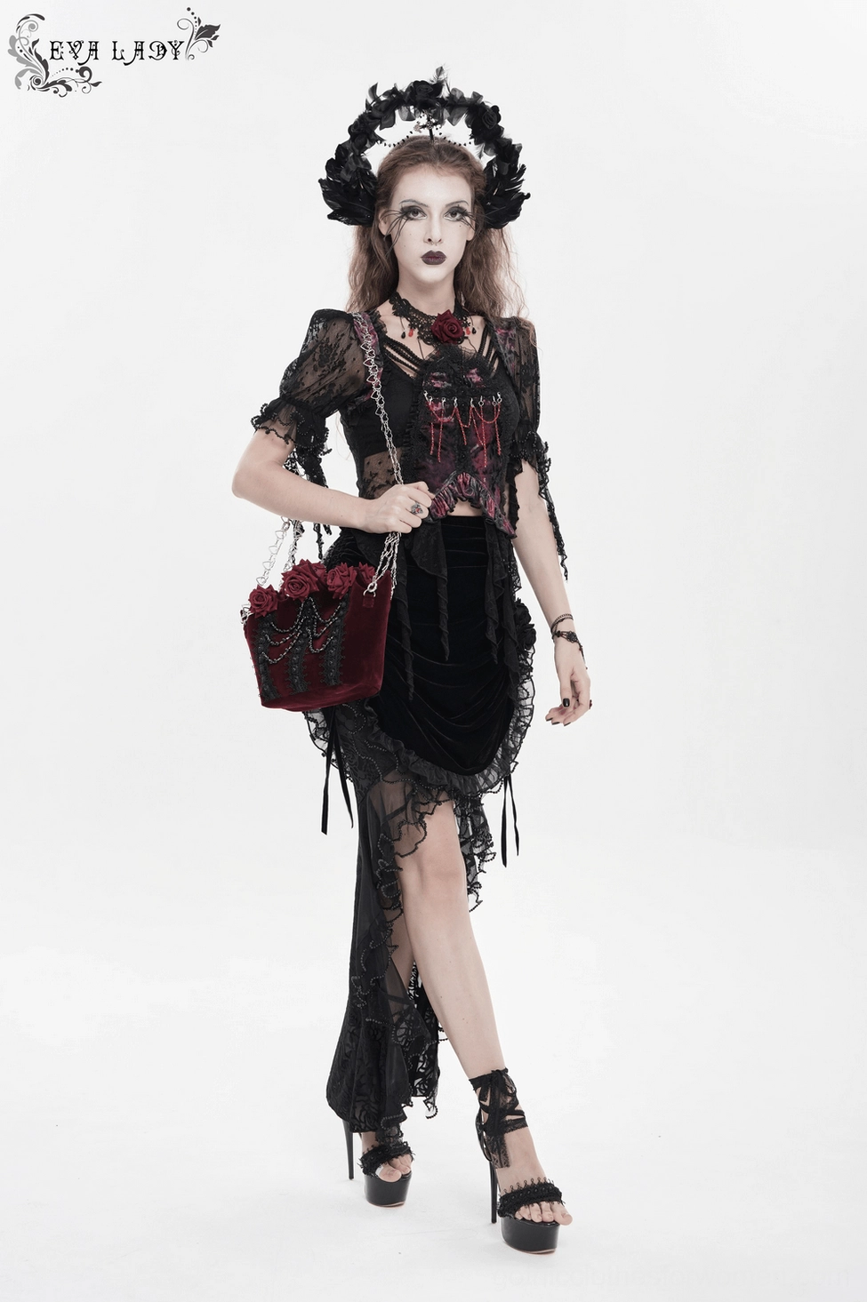 Burgundy gothic rose handbag styled presentation with dark romantic fashion context and alternative aesthetic positioning