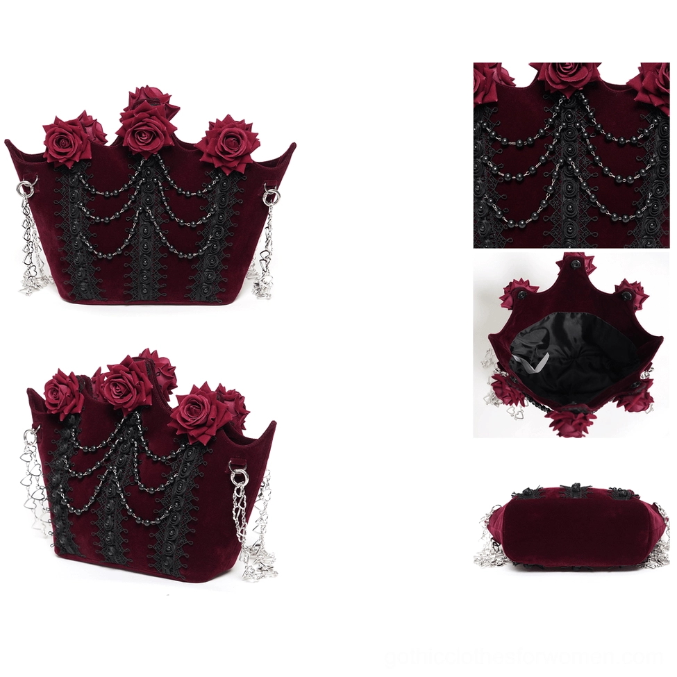 Burgundy gothic rose handbag flat lay front view showing red flocked roses, black bead chains, and ornate lace trim details