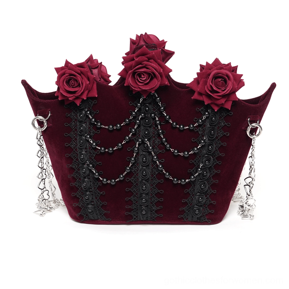 Burgundy gothic rose handbag front angled view with five red roses, black lace trim, and silver metal chain accents