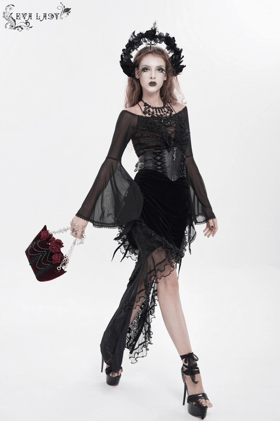 Burgundy gothic rose handbag product introduction shot highlighting key features and overall design composition