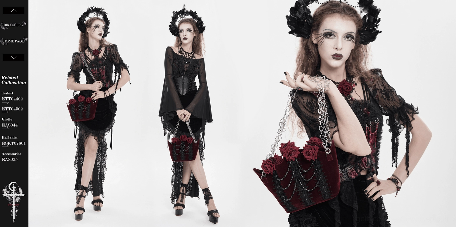 Burgundy gothic rose handbag in styled setting with complementary gothic accessories and dark fashion styling elements