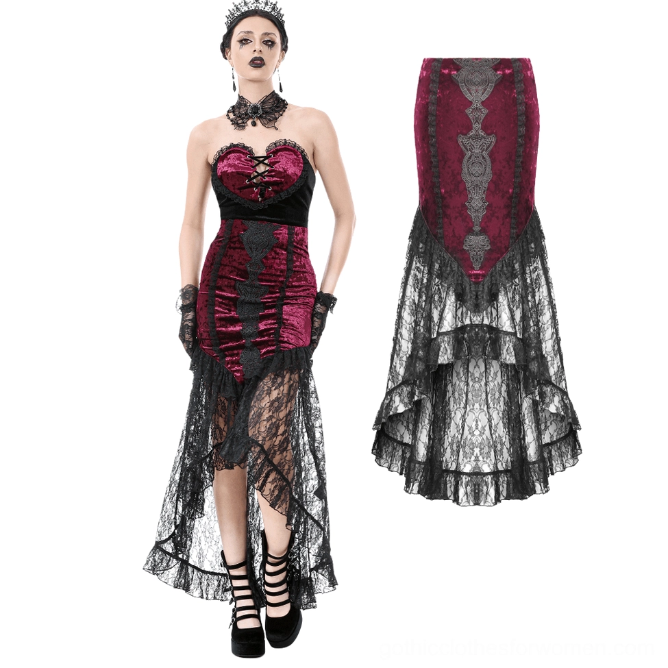 Burgundy velvet gothic skirt flat lay display with heart-shaped top showing complete haute couture styling