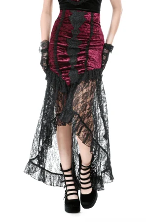 Burgundy crushed velvet high-low gothic skirt front view with black lace ruffled hem and embroidered brocade bodice