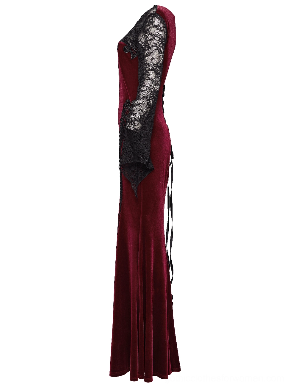 Front full product shot of burgundy velvet gothic dress with baroque lace applique and long sheer sleeves