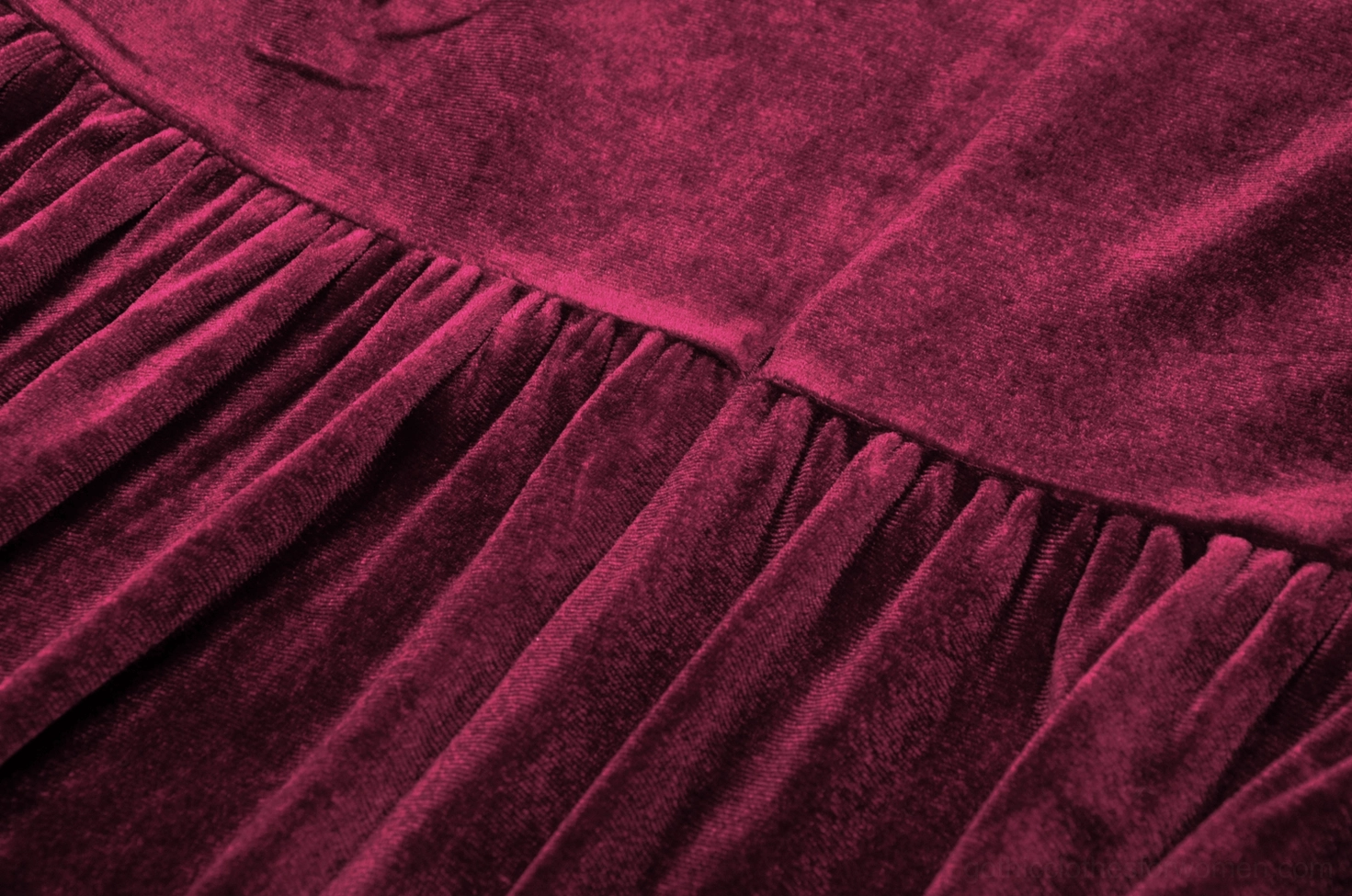 Full-length burgundy gothic velvet dress with ornate lace collar and pearl buttons in burgundy colorway