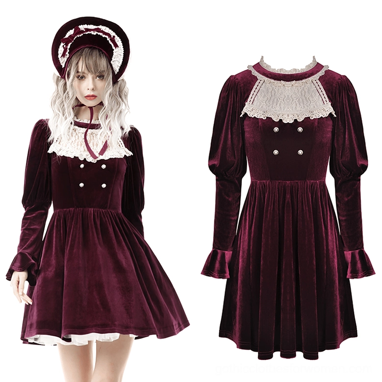 Burgundy velvet gothic dress front detail with lace yoke, puff sleeves, and white underskirt