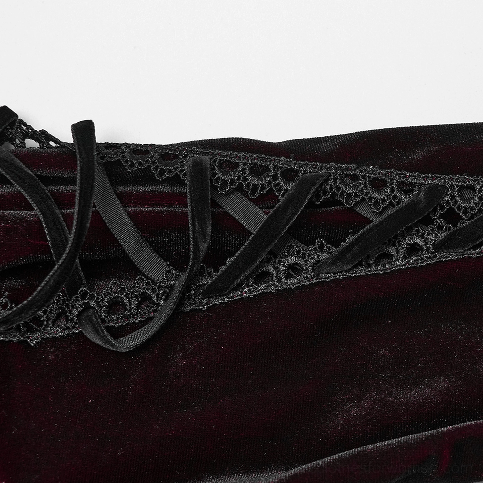 Burgundy velvet gothic mini dress with gradient ombre effect, lace collar, and bell sleeves for alternative fashion styling