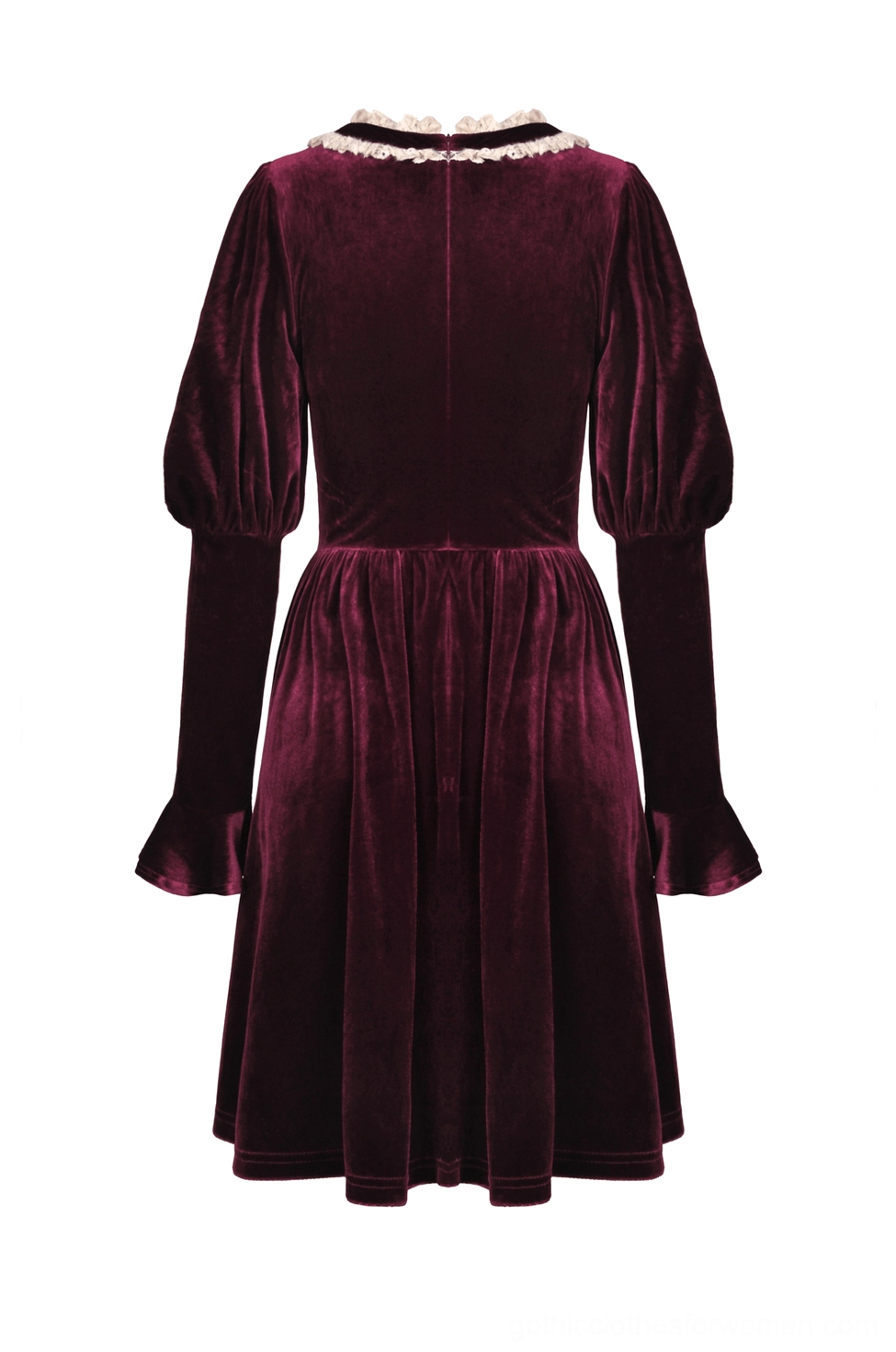 Flat lay front view of burgundy gothic velvet dress highlighting puff sleeve design and velvet fabric texture