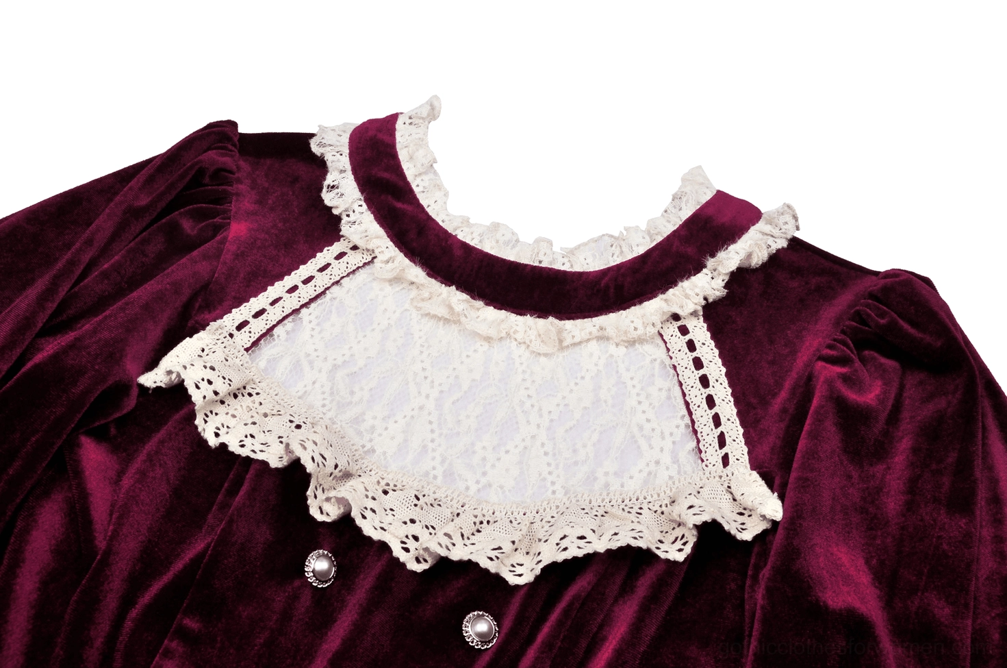 Burgundy gothic velvet dress additional styling view with lace collar and A-line silhouette
