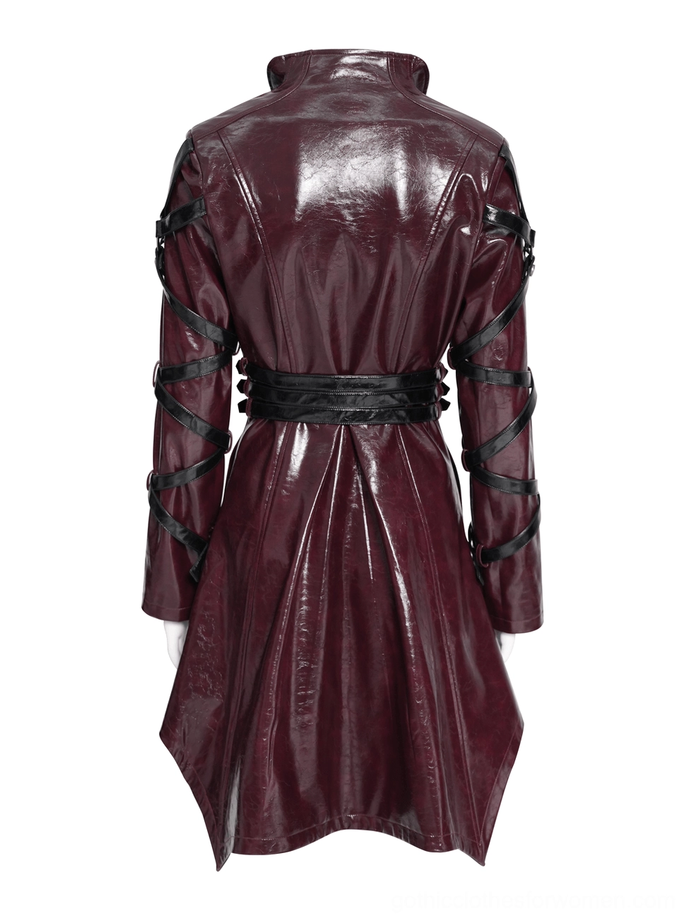 Back view of burgundy gothic harness coat on mannequin displaying high stand collar, waist belt, and decorative sleeve hardware