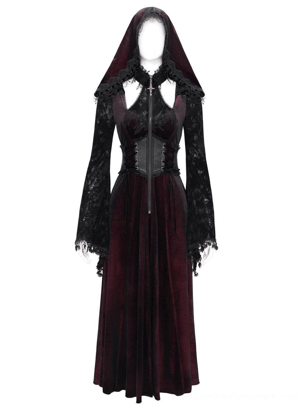 Burgundy velvet dark fashion hooded coat with lace-trimmed hood and front zipper, front view emphasizing theatrical gothic aesthetic
