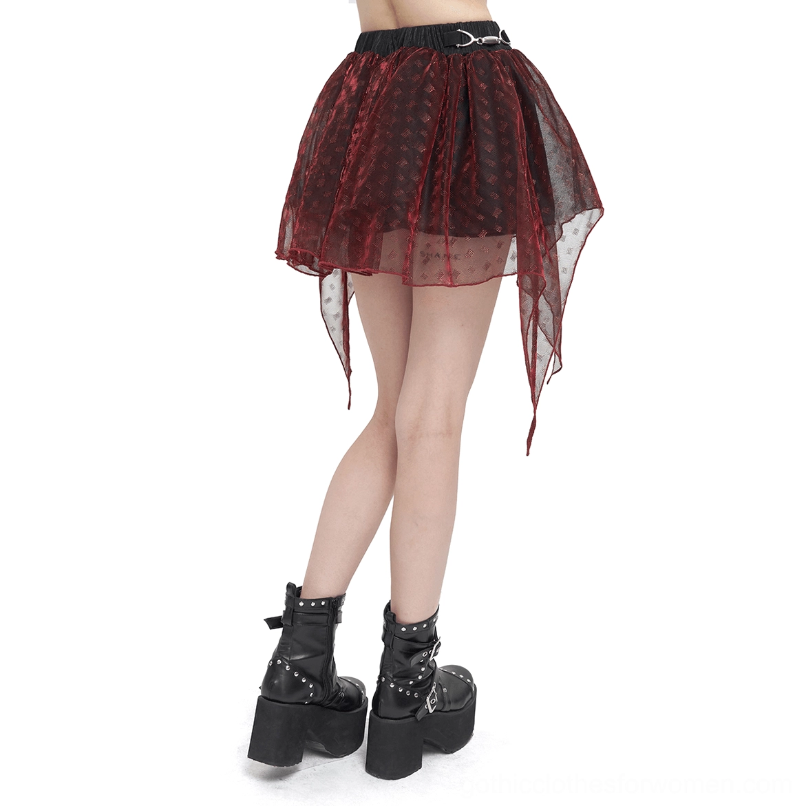 Burgundy irregular layered mesh gothic skirt back view on model, metal buckle detail on elastic waistband