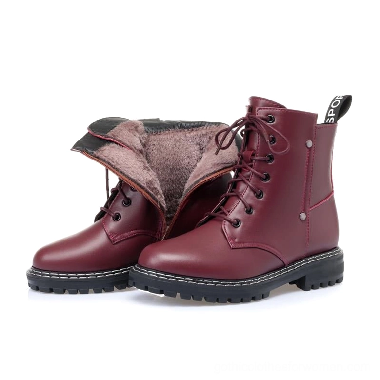 Burgundy genuine leather gothic ankle boot frontal view with fuzzy wool inner lining visible