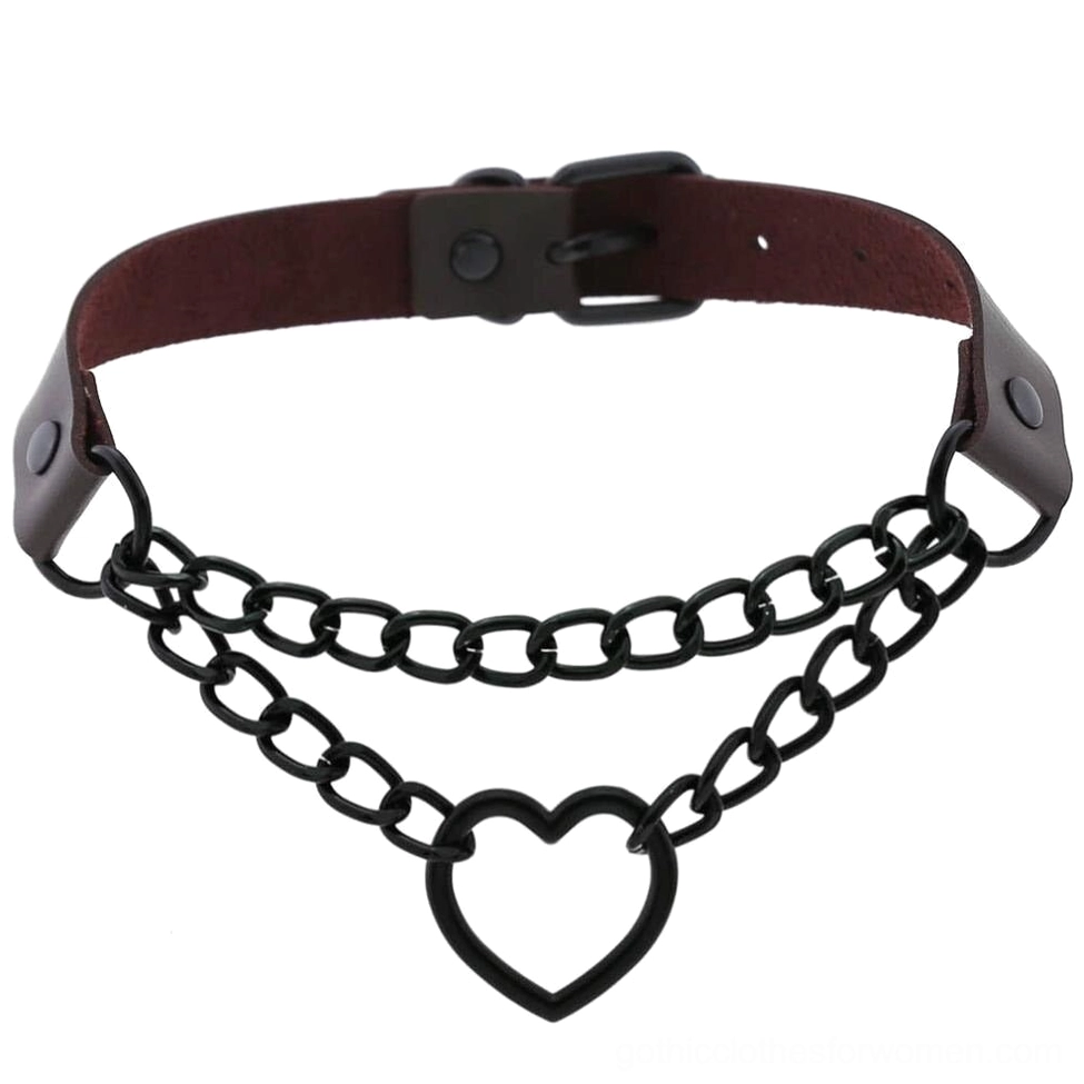 Burgundy PU leather heart choker flat lay with matte black chains and adjustable buckle closure