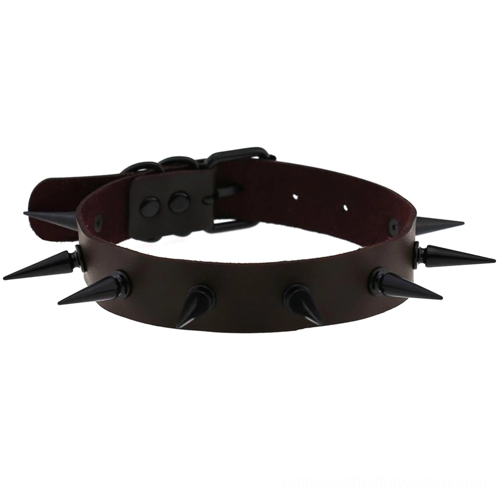 Deep burgundy maroon spiked choker collar with black spike studs and adjustable fastening system