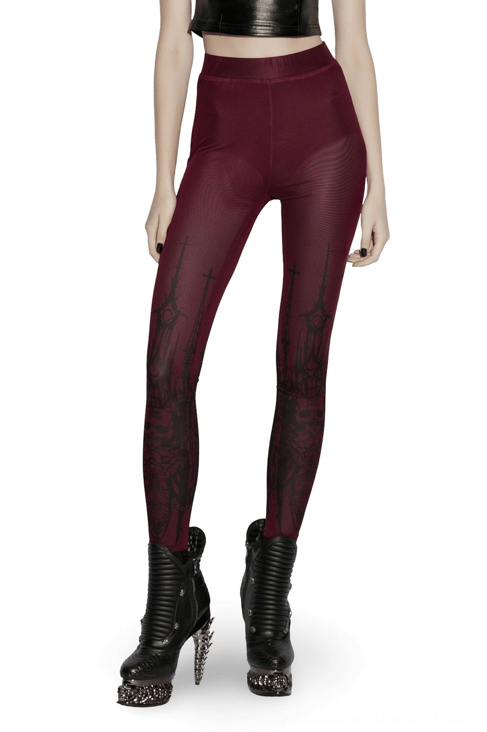 burgundy mesh gothic leggings front view full body with black skull and church print