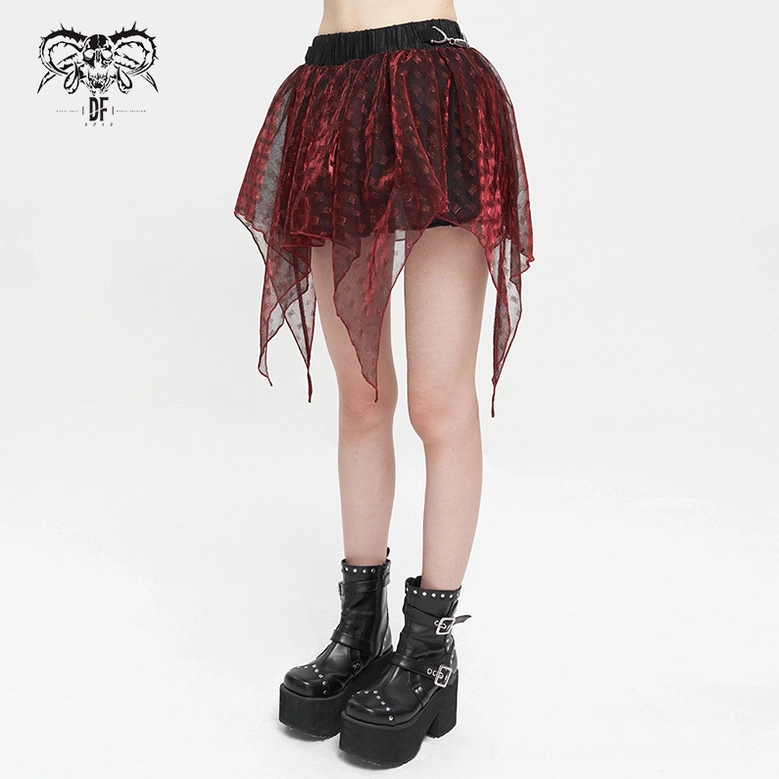 Burgundy irregular mesh gothic skirt on model with platform boots, metal waistband detail, studio photography