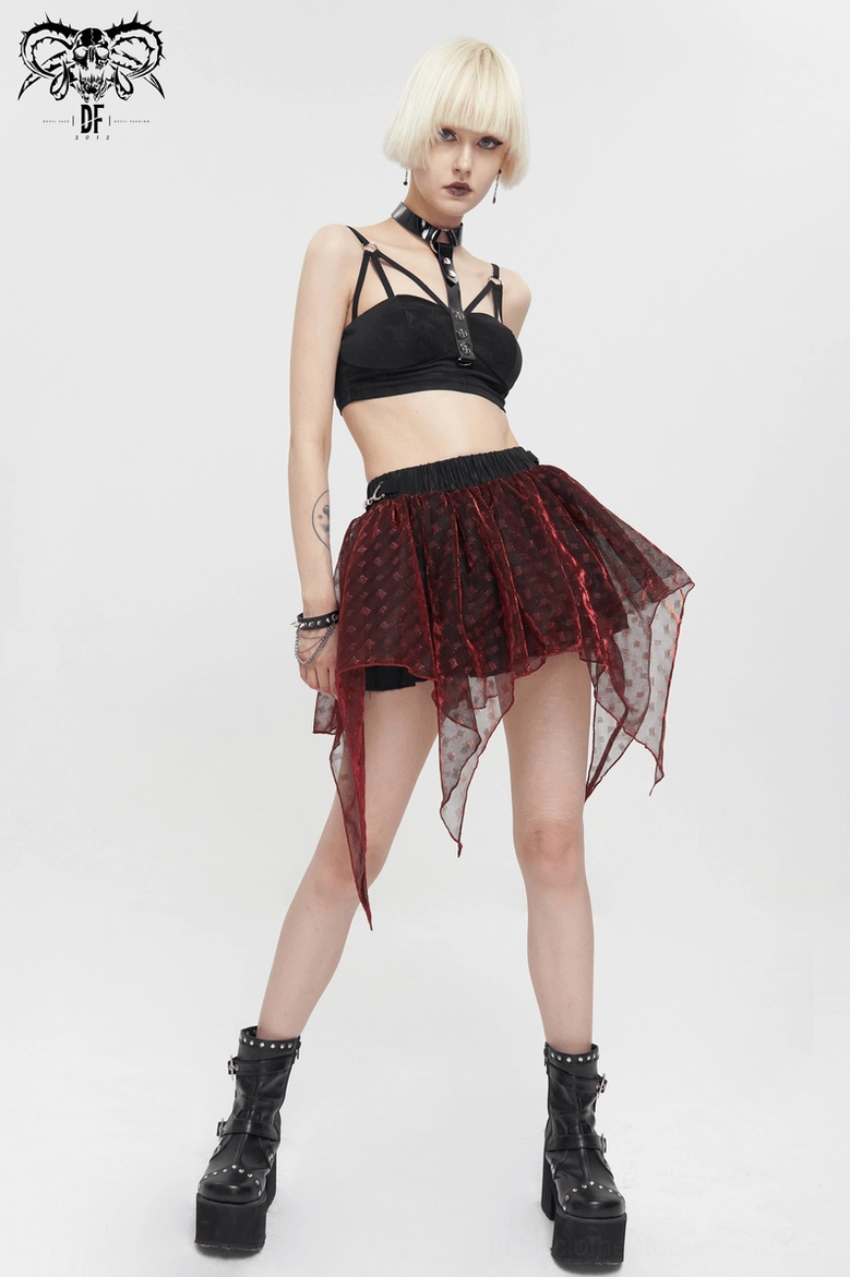 Burgundy mesh gothic mini skirt alternate angle showing mesh texture and elastic waistband with metal accents
