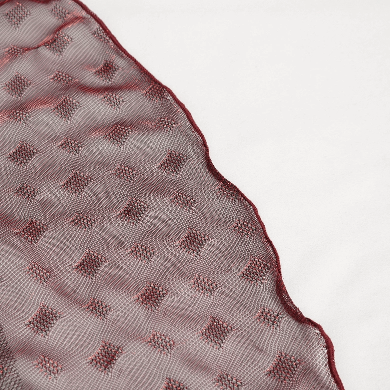 Burgundy mesh handkerchief gothic mini skirt showing fabric weight and elastic stretch detail