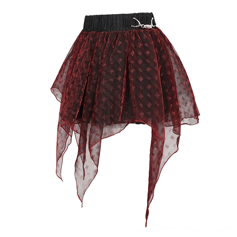 Burgundy mesh handkerchief skirt side view flat lay, metal hardware on elastic waist, gothic fashion detail