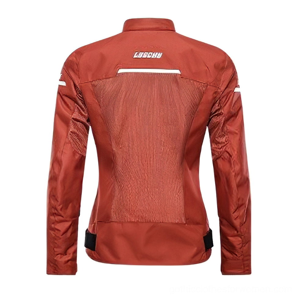 Burgundy red motorcycle jacket back view featuring mesh ventilation and adjustable hem design