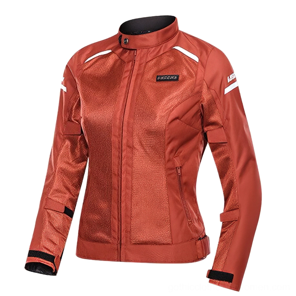Burgundy red gothic motorcycle jacket front three-quarter angle with reflective trims and side pocket