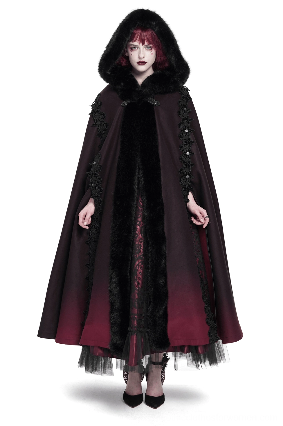 Gothic hooded cloak with burgundy ombre hem worn by model, front view with faux fur trim and lace appliqués