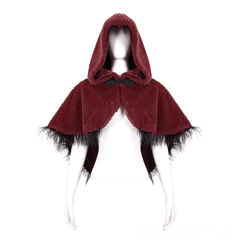 Wine red hooded gothic cape front view on headless mannequin with black feather trim detailing