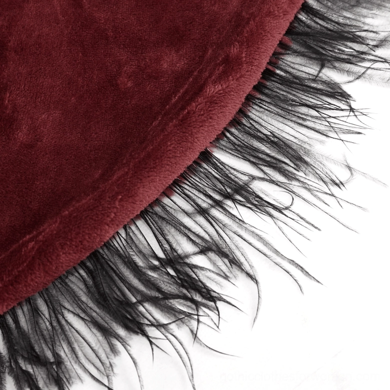 Burgundy plush gothic cape with black feather fringe trim and decorative hood clasp detail